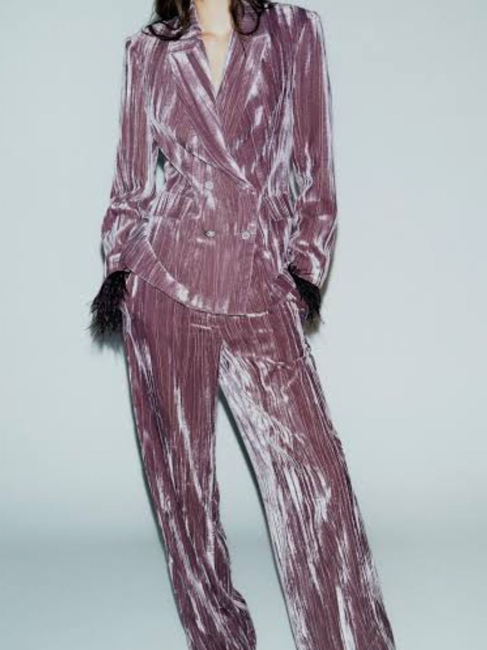 Zara Crushed Velvet Double-Breasted Blazer & Wide-Leg Pants - Mauve